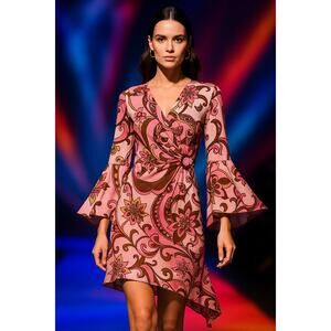 M.K.M Designs Pink & Brown Groovy Faux Wrap Dress (M)